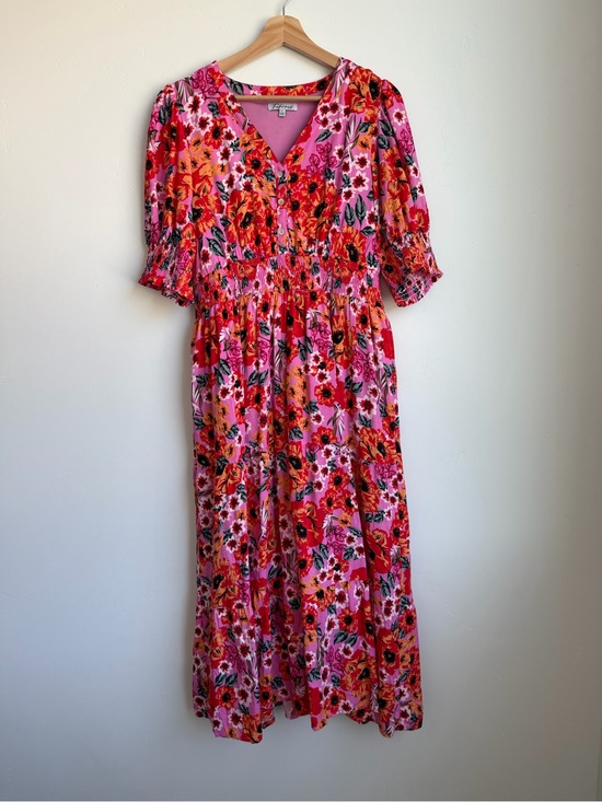 Fehrnvi Apparel Dresses & Skirts - Pink Floral Midi Dress with Puff Sleeves